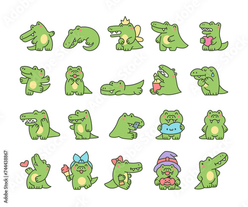 Funny crocodile character with happy face. Cartoon kawaii alligator. Hand drawn style. Vector drawing. Collection of design elements.
