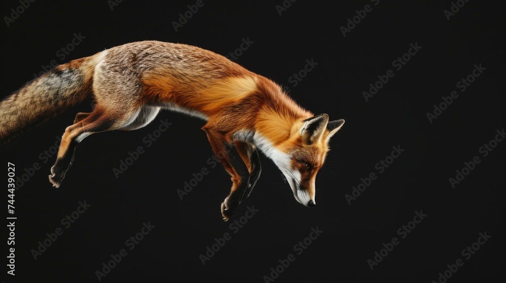 Fox jump on a black background. Flying animal.
