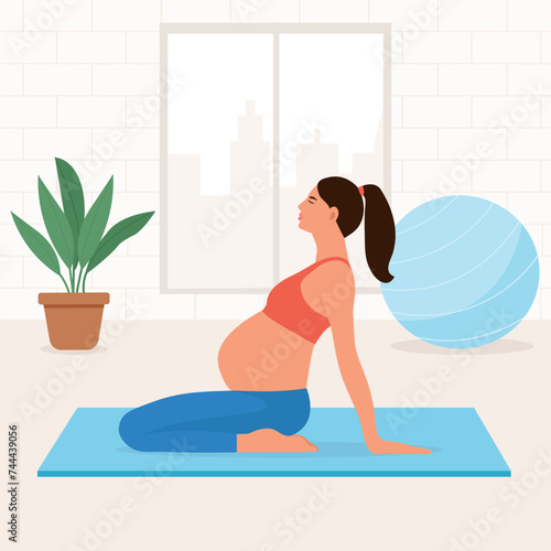 Pregnant woman meditates in her room or apartment.Prenatal stretching.  Concept yoga, meditation, relax, health, pregnancy, motherhood. Flat vector illustration.