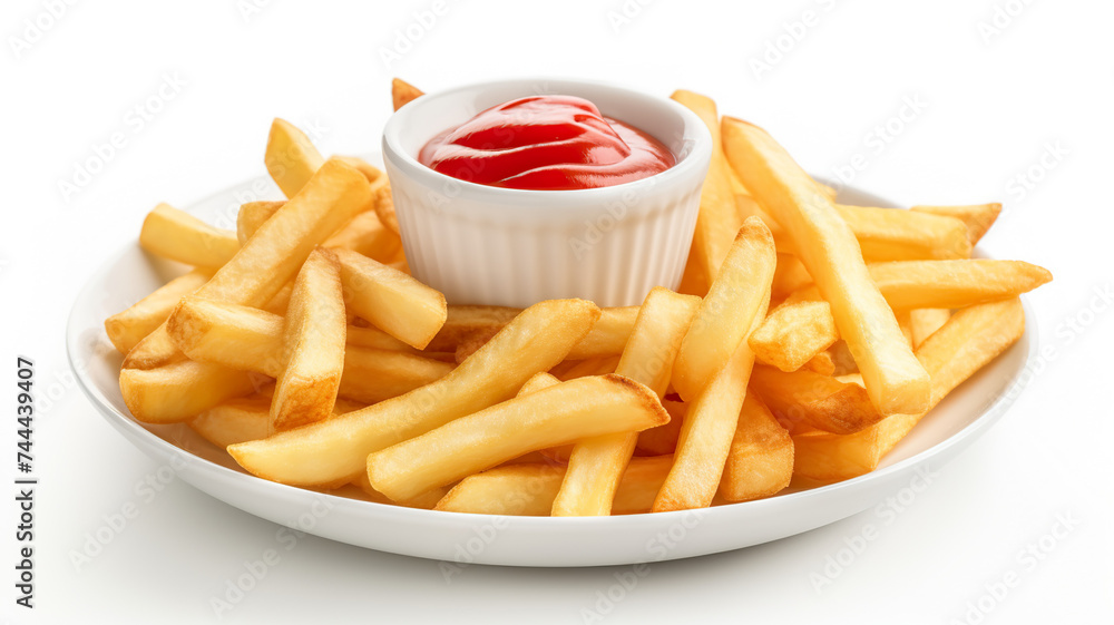 An isolated image of crispy french fries with mayonnaise and ketchup on a white background An isolated image of crispy french fries with mayonnaise and ketchup on a white background