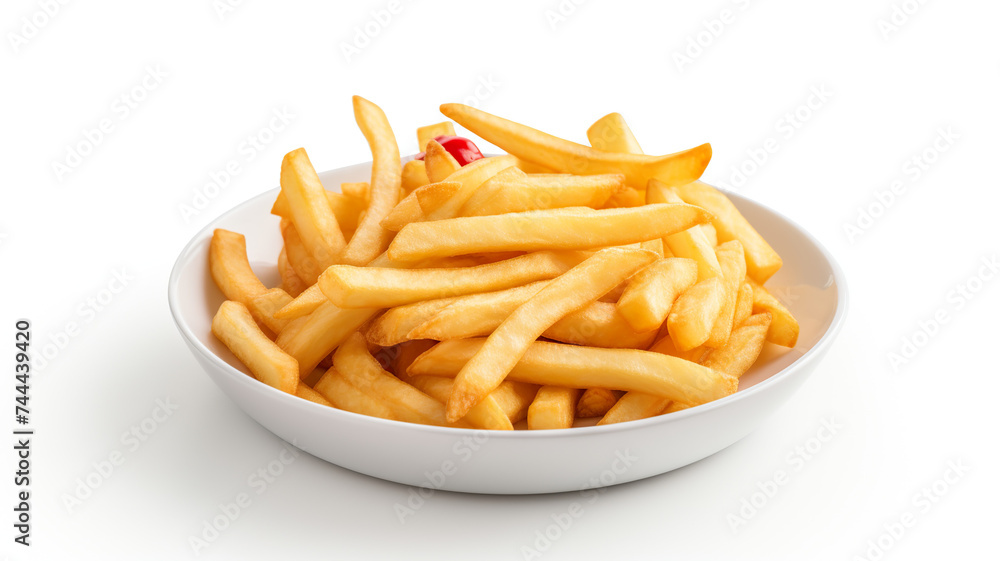 An isolated image of crispy french fries with mayonnaise and ketchup on a white background An isolated image of crispy french fries with mayonnaise and ketchup on a white background