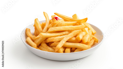 An isolated image of crispy french fries with mayonnaise and ketchup on a white background