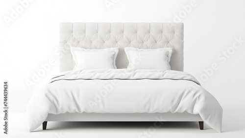 Isolating a double bed with white pillows against a stark white background © Dilshad