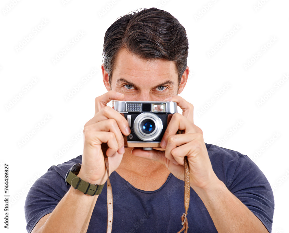 Portrait, photograph and man with camera, freelancer and model isolated on white studio background. Face, person and guy with equipment and vintage with retro and photoshoot with memory and hobby Portrait, photograph and man with camera, freelancer and model isolated on white studio background. Face, person and guy with equipment and vintage with retro and photoshoot with memory and hobby
