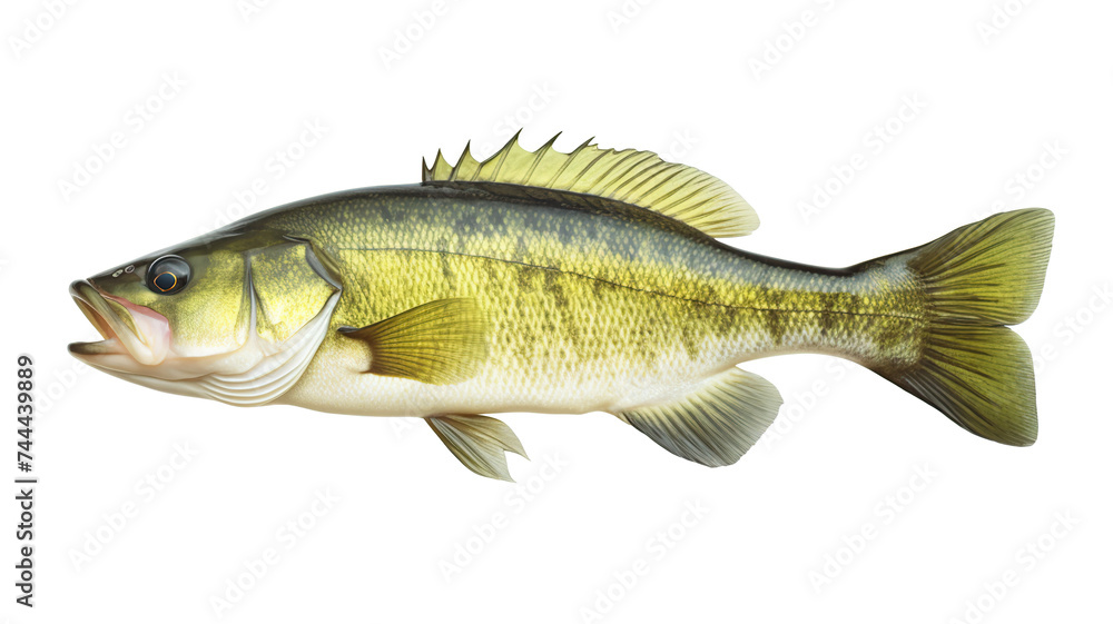 A clean white background with a solitary fresh bass