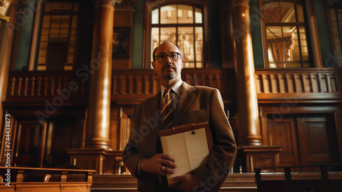 A lawyer stands in front of the courtroom seriously, holding a file of important legal documents, AI generated Images