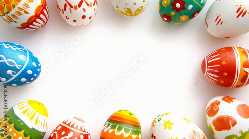 Square frame of Easter eggs on a white background.
