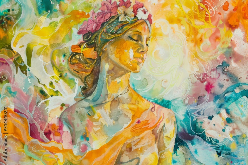 Venus Goddess of Love depicted in a vibrant watercolor style surrounded by beauty, romance, and grace