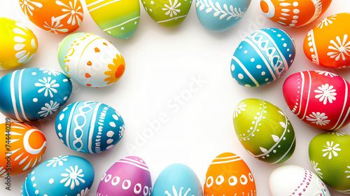 Square frame of Easter eggs on a white background. © Ghazanfar