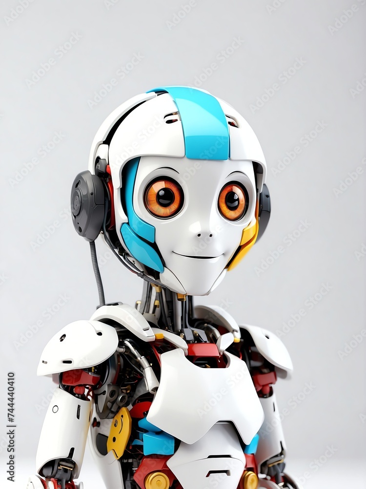 Cute smiling colorful humanoid robot in plain white background looking at camera from Generative AI