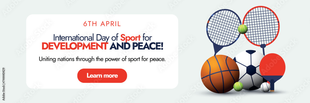 International day of Sport for development and peace, 6th April celebration cover banner on grey background with different sports equipment. Sports day banner with rackets, football, tennis ball icons