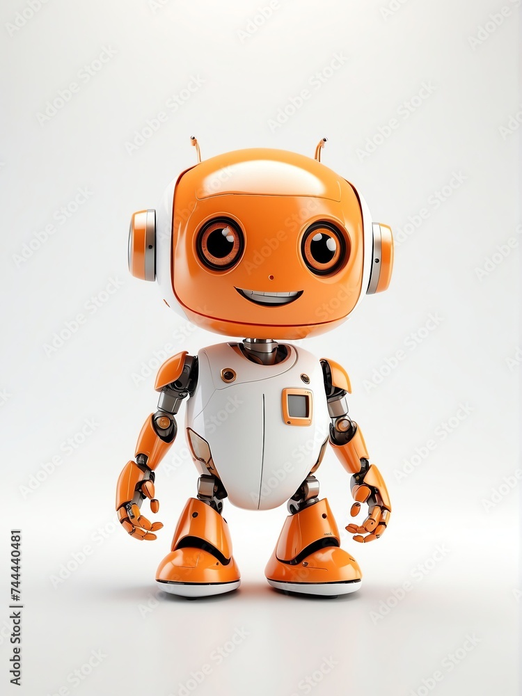 Cute smiling orange small friendly robot in plain white background looking at camera from Generative AI Cute smiling orange small friendly robot in plain white background looking at camera from Generative AI