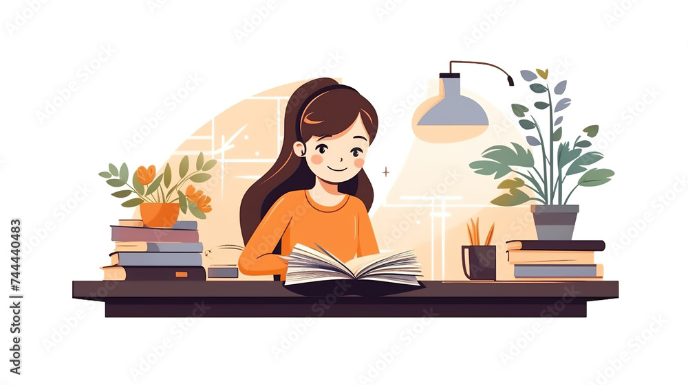 Girl reading a book on the desk isolated on pure white background Girl reading a book on the desk isolated on pure white background