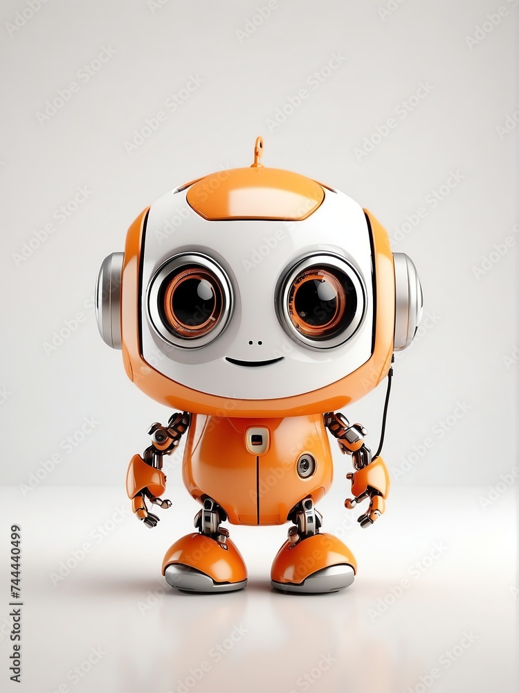 Cute smiling orange small friendly robot in plain white background looking at camera from Generative AI Cute smiling orange small friendly robot in plain white background looking at camera from Generative AI