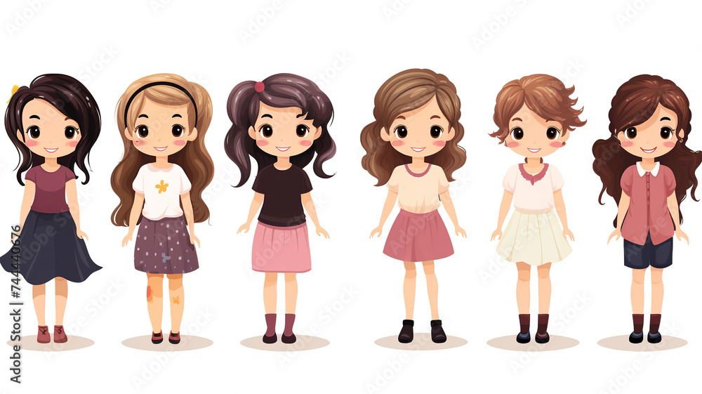 Girls in different character isolated on pure white background Girls in different character isolated on pure white background