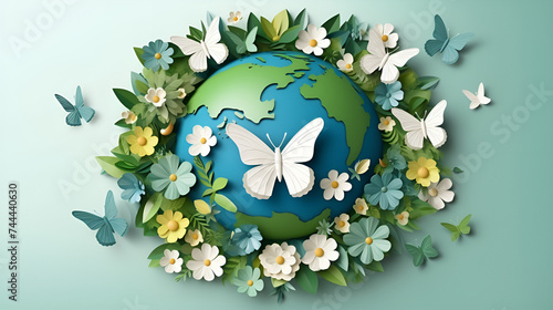 World environment day background with flower and butterfly, Earth day,World environment day with earth and butterfly on blue background Earth day Generative AI