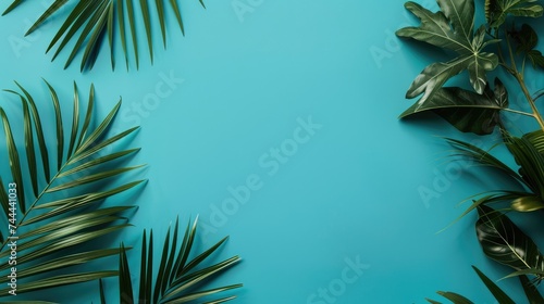 Dark Green Palm Leaves on Vibrant Blue Background.