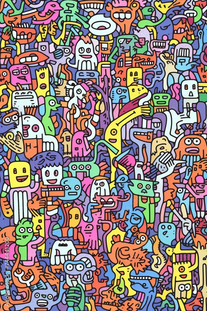 Obraz premium Illustration of colorful doodle crowd cute alien and monster Created with Generative AI technology.