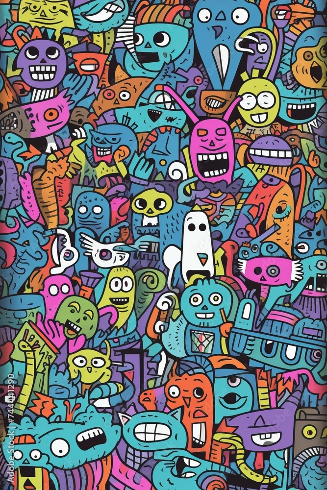 Illustration of colorful doodle crowd cute alien and monster Created with Generative AI technology.