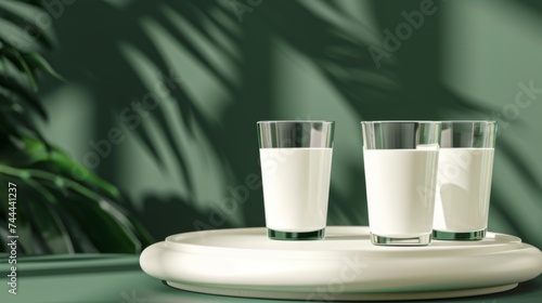 A glasses with milk on a podium on a green background. White liquid in a glass.