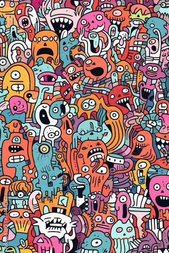 Illustration of colorful doodle crowd cute alien and monster Created with Generative AI technology.