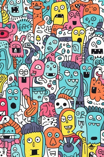 Illustration of colorful doodle crowd cute alien and monster Created with Generative AI technology.