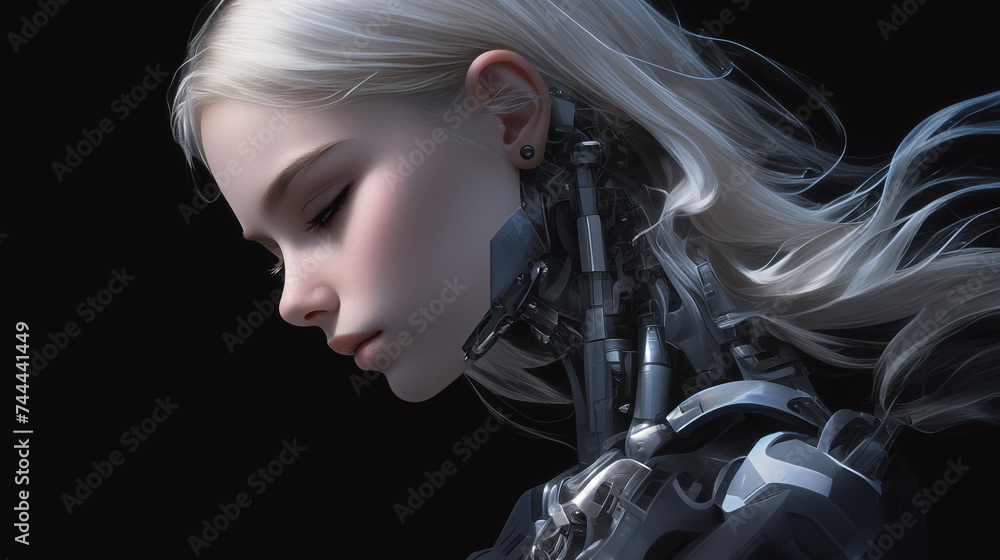 A beautiful robot girl. A futuristic female humanoid. A fantastic cyborg woman. Sci fi cyberpunk art. Hi-tech painting. The concept of artificial intelligence. A beautiful robot girl. A futuristic female humanoid. A fantastic cyborg woman. Sci fi cyberpunk art. Hi-tech painting. The concept of artificial intelligence.