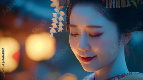 A woman in traditional Asian attire is illuminated by ambient lantern light. 