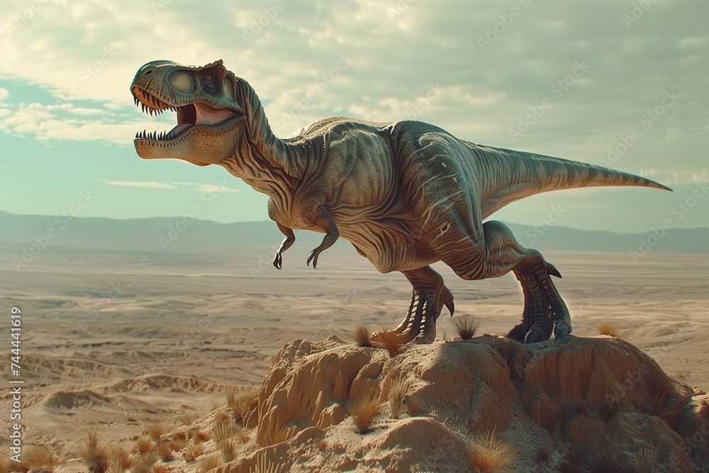 Fototapeta premium Tyrannosaurus Rex is roaring and standing on top of mountain