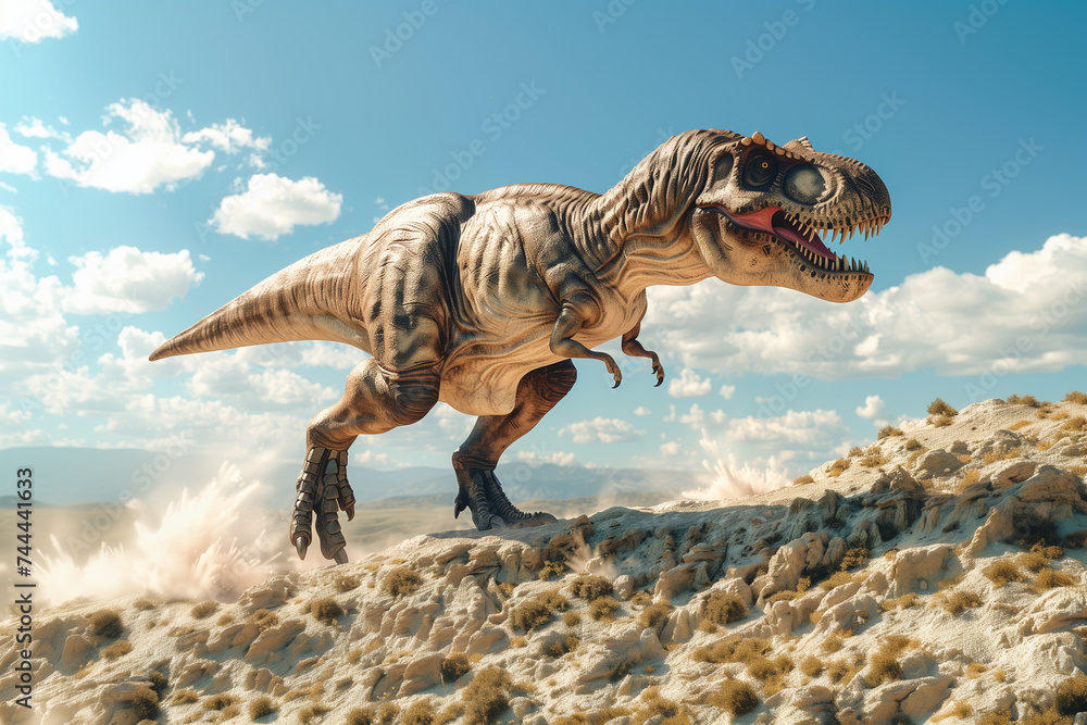 Tyrannosaurus Rex is roaring and standing on top of mountain