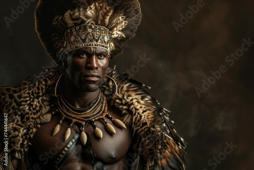Zulu King portrayed in an epic style with African warrior historical costume and feathers photo