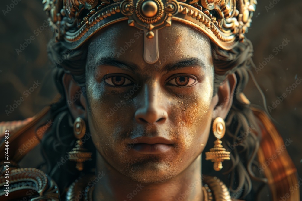 Ashoka the Indian Emperor portrayed with a historical and regal crown adorned with traditional jewelry
