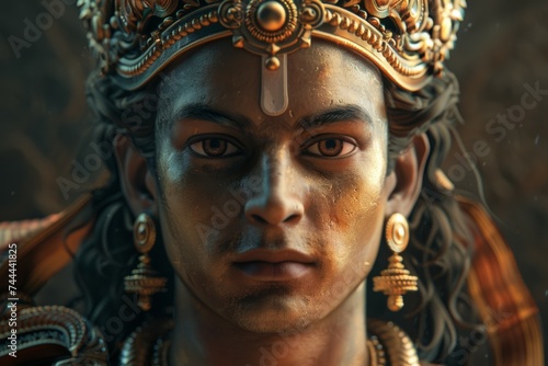 Ashoka the Indian Emperor portrayed with a historical and regal crown adorned with traditional jewelry