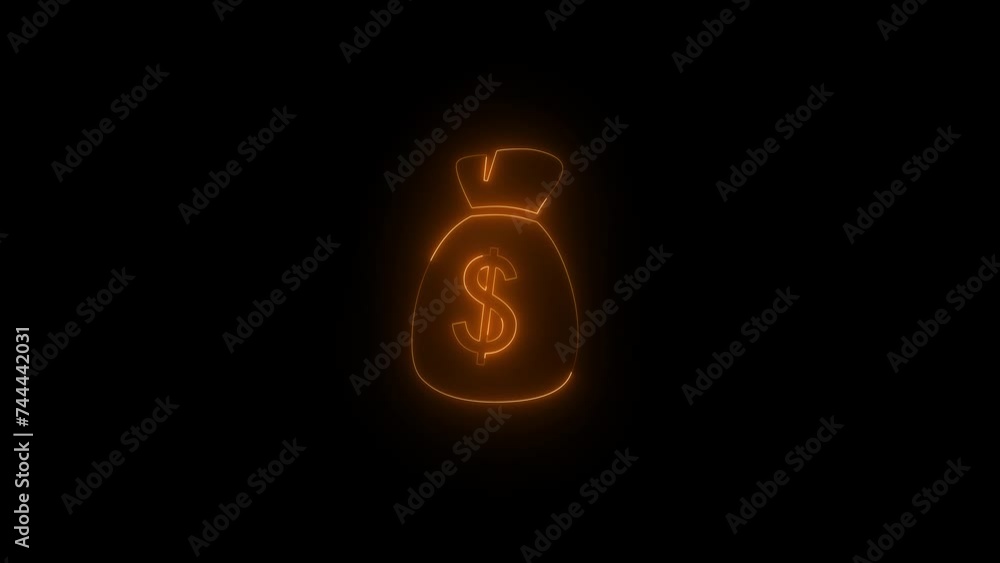 Neon glowing brown money bag icon animation in black background Neon glowing brown money bag icon animation in black background