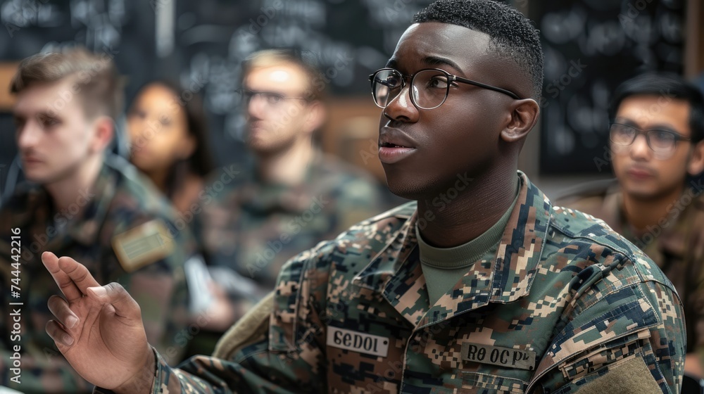 African American guy in military uniform raising hand after lecture or presentation to ask question. Training course.