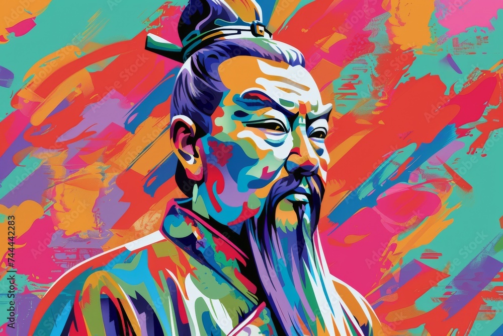 Qin Shi Huang Chinese Emperor showcased in pop art style with colorful traditional costume and abstract background