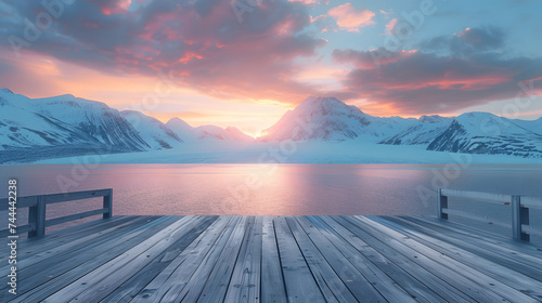 A wooden floor looks out over a stunning mountain range at sunset.