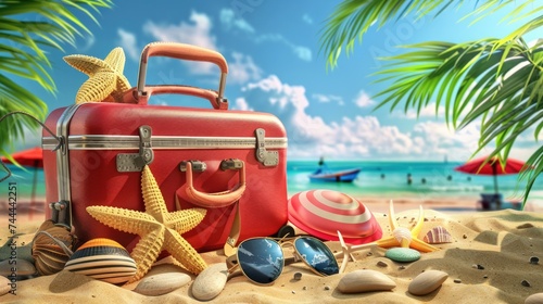 Summer holidays concept  Beach accessories in suitcase on sand.