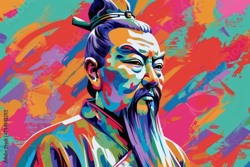 Qin Shi Huang Chinese Emperor showcased in pop art style with colorful traditional costume and abstract background photo
