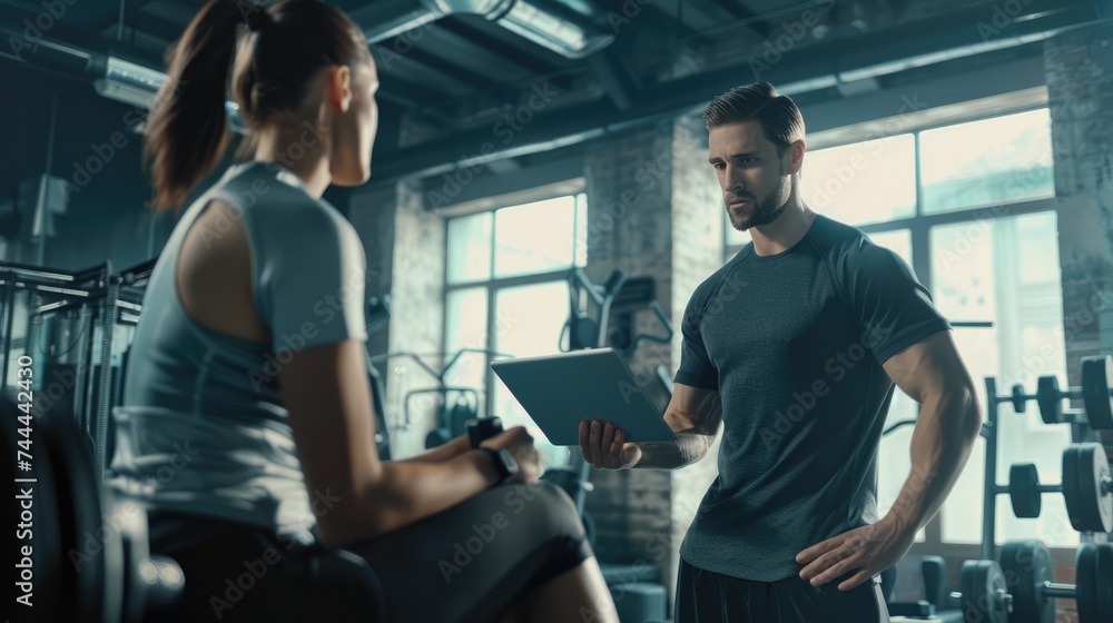 Portrait of a male coach with tablet training a sportswoman in a gym. Portrait of a male coach with tablet training a sportswoman in a gym.