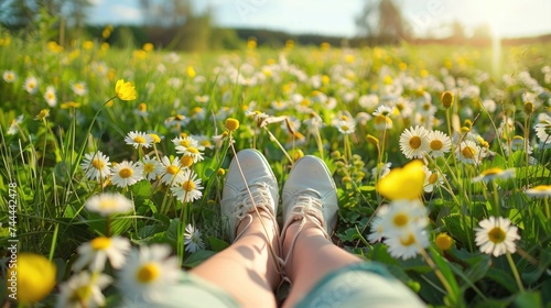 Legs of relaxing girl lying on the spring blooming meadow.