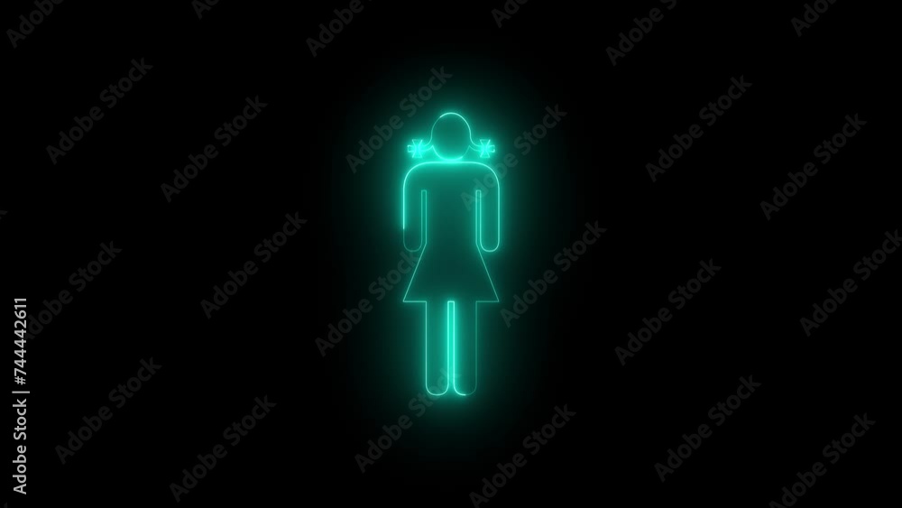 Neon glowing cyan girl icon animation in black background Neon glowing cyan girl icon animation in black background