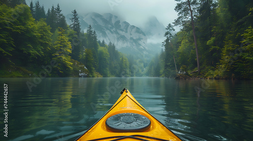 POV kayaking on an idyllic mountain lake with beautiful view AI Image Generative. © Anditya