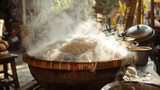 Thai tradition of steaming sticky rice.