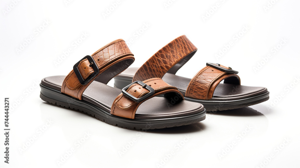 Men's leather sandal flip flop sandal isolated on pure white background - obrazy, fototapety, plakaty 