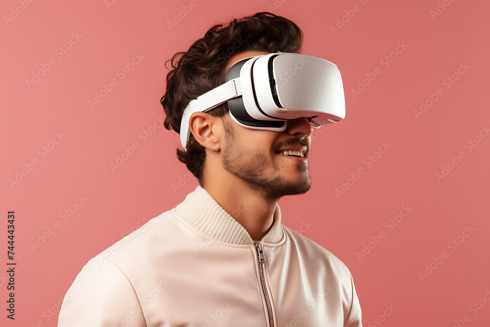 smiling young man in vr headset looking away isolated on pink smiling young man in vr headset looking away isolated on pink