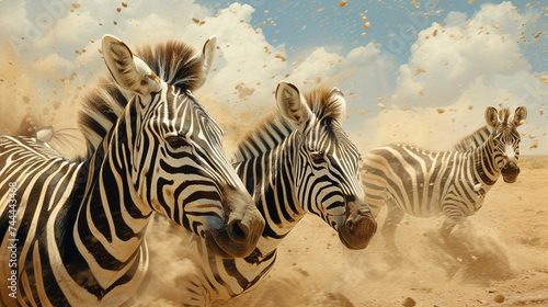 A group of zebras in the desert  their striking black and white stripes creating a captivating contrast against the sandy backdrop  with dust particles suspended in the air.