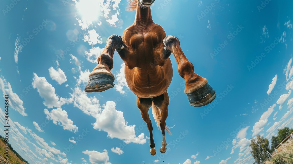 Horse jumping down against a blue sky. Animal in the air in motion - obrazy, fototapety, plakaty 