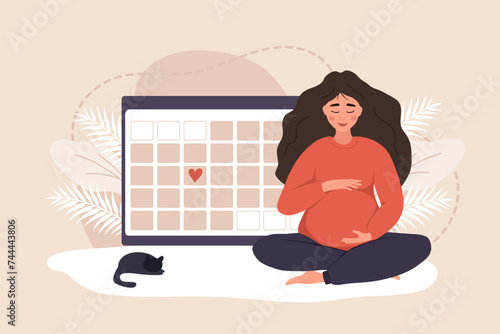 Pregnant woman in lotus position hugs her tummy. Female character waiting for baby. Happy girl sitting near large calendar. Pregnancy concept. Vector illustration in flat cartoon style.