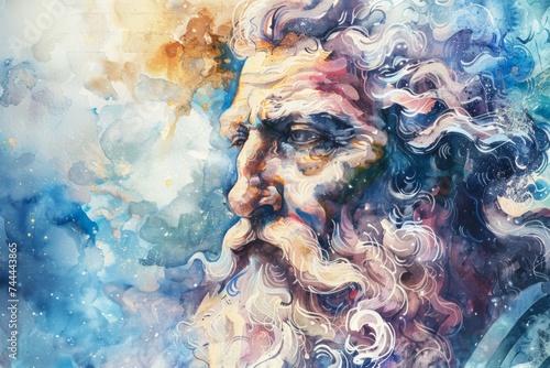 Watercolor painting of Jupiter, mythology God of Olympus with celestial beard and wise expression photo